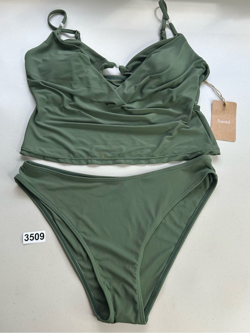 Samiol Grey Green Ribbed Pearl Accent Tankini Bikini Set Swimwear Size XL